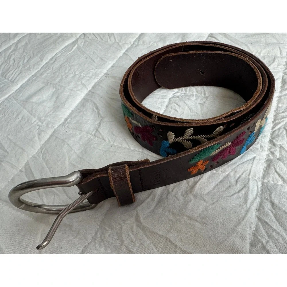 Vintage Fossil Brown Leather Floral Embroidered Belt Boho Flower Multi Color 34